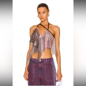 AREA Metallic Pink Sequin Halter Crop Top